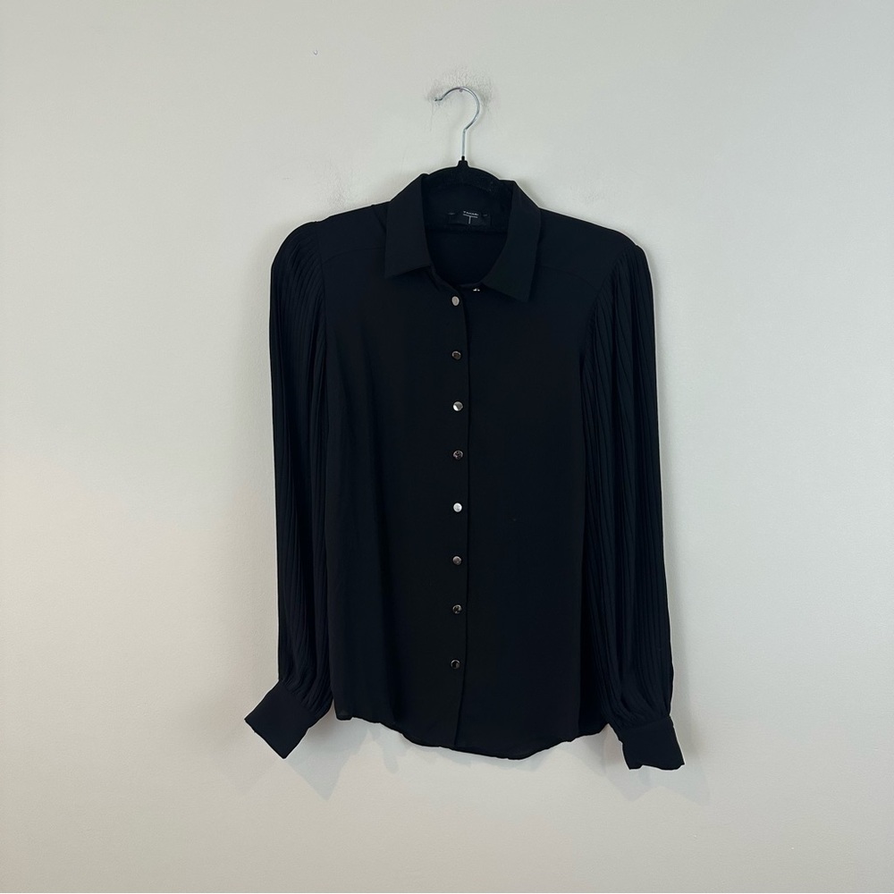 Tahari Black Accordion Pleat Balloon Sleeve Button Front Blouse Size XS Women's